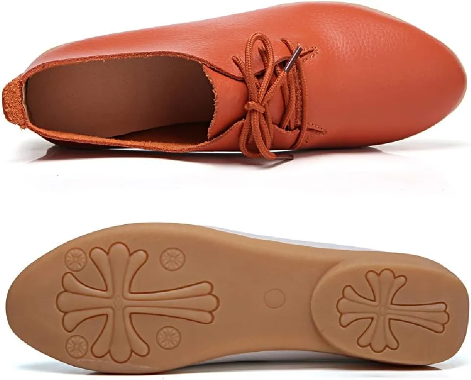 WERWAES Casual Leather Womens Loafers Lightweight Round Toe Lace Up Slip on Penny Flats Walking Outdoor Driving Moccasins Ladies Loafers