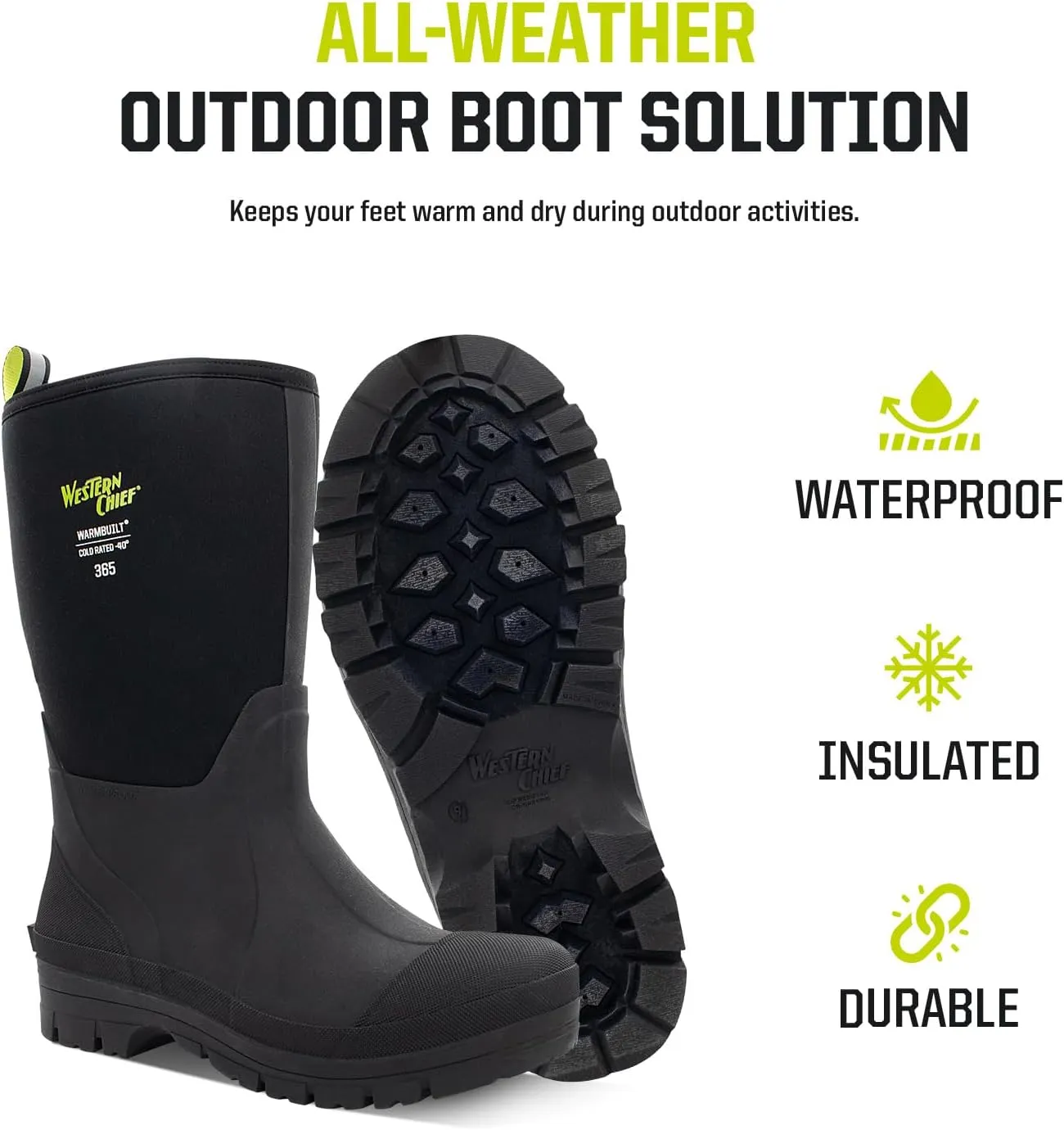 Western Chief Women's 365 Neoprene Rain Boots for Women - 100% Waterproof Rubber Boots for Women with Anti-Slip Outsole - Cold-Rated Muck Boots for Women for All-Weather Protection