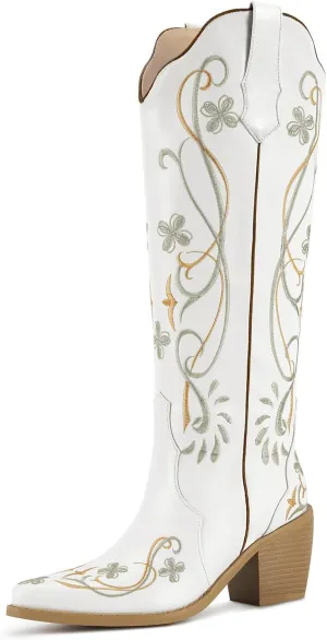 wetkiss Cowboy Boots for Women Knee High Cowgirl Boots, Western Boots with Floral Embroidered Pointed Toe Chunky Heel Pull On Retro Vintage Classic Tall Boots for Ladies