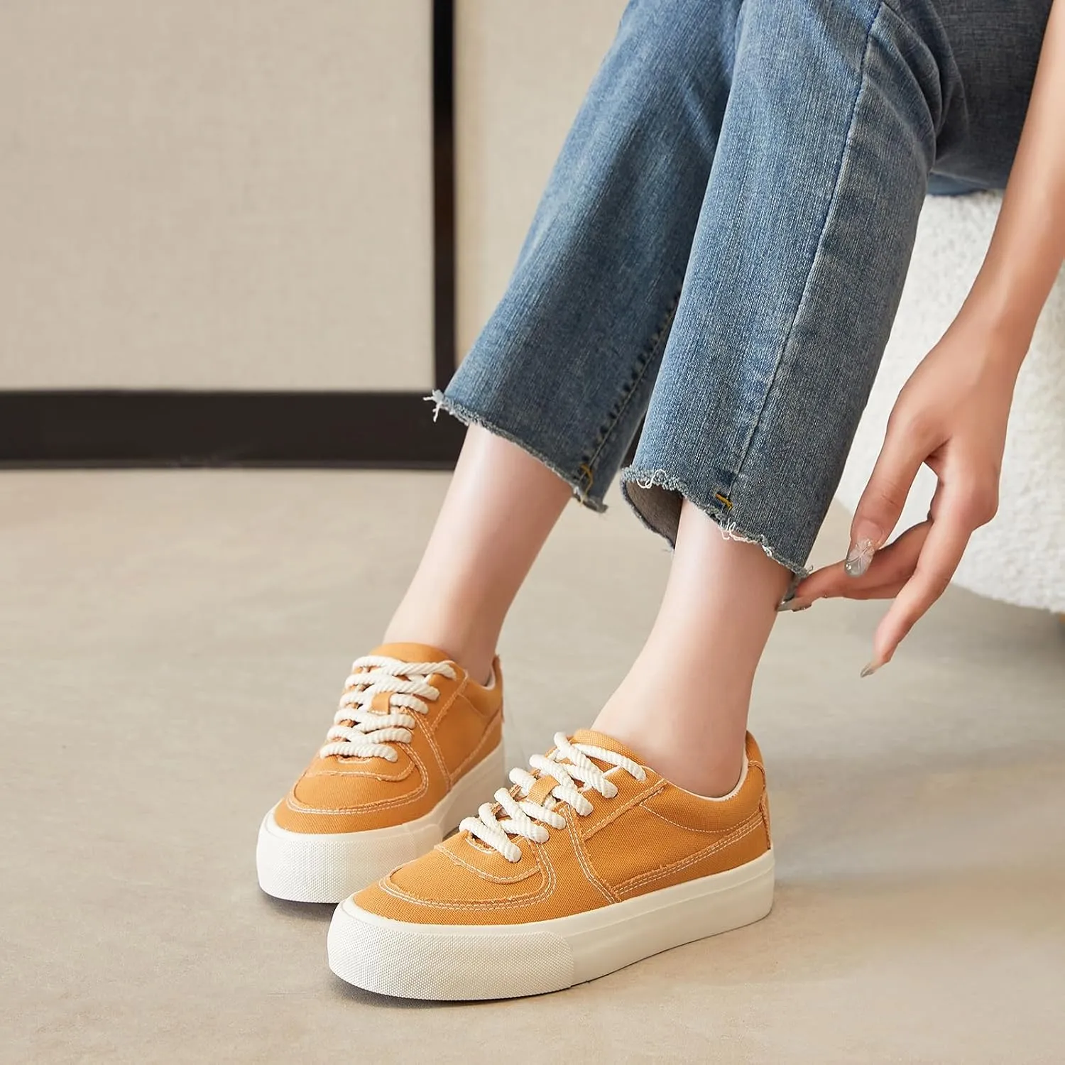 Witwatia Canvas Sneakers for Women Platform Shoes Lace Up Tennis Shoes Comfortable Platform Sneakers Ladies Low Top Sneakers Breathable Fashion Walking Shoes