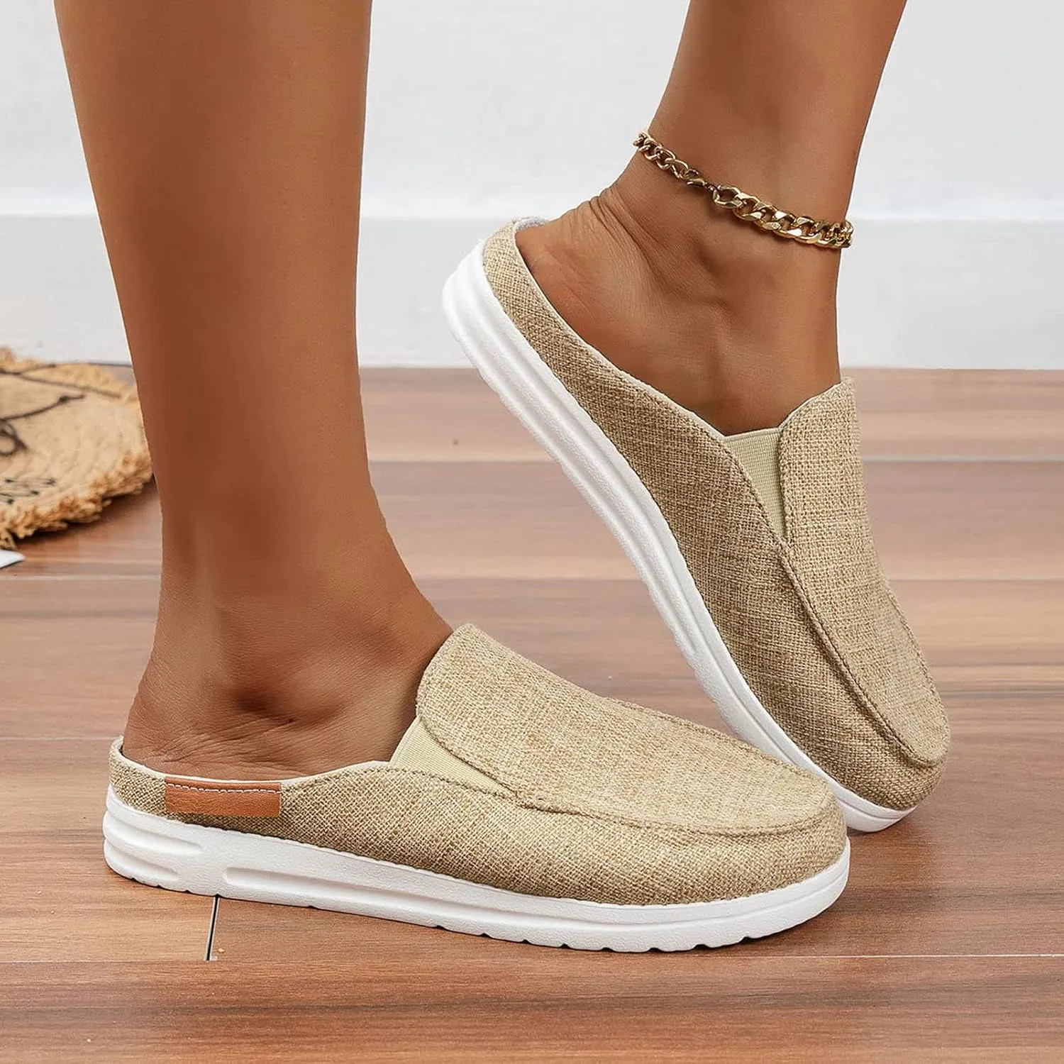 Women Canvas Slip On Lightweight Mule Sneaker,Summer Fashion Open Back Flats Walking Shoes Closed Round Toe Low Top Casual Loafer Comfort Walking Shoes