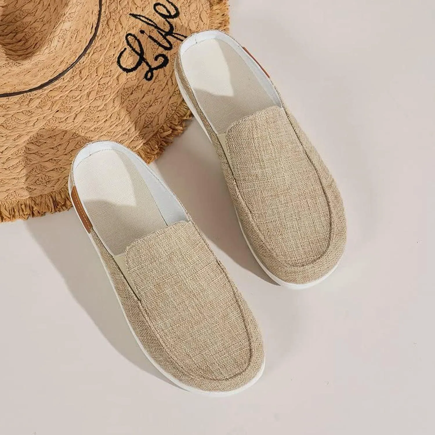 Women Canvas Slip On Lightweight Mule Sneaker,Summer Fashion Open Back Flats Walking Shoes Closed Round Toe Low Top Casual Loafer Comfort Walking Shoes