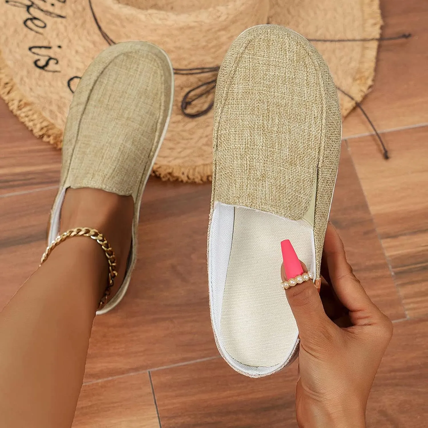Women Canvas Slip On Lightweight Mule Sneaker,Summer Fashion Open Back Flats Walking Shoes Closed Round Toe Low Top Casual Loafer Comfort Walking Shoes