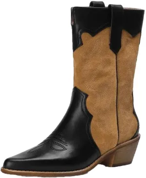 Women Winter Warm Fleece Western Boots Retro Embroidered Patchwork Ankle Cowgirl Boots Chunky Heel Street Shoes