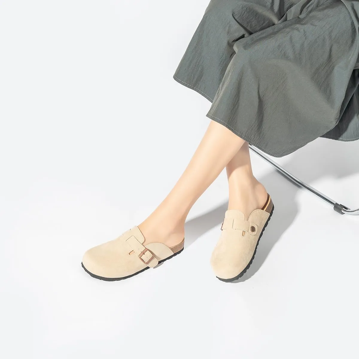 Women's and Men's Cork Suede Clogs and Mules,Soft Leather Sandal,House Slipper,Skin-Friendly Footbed,Adjustable Buckle,Arch Support