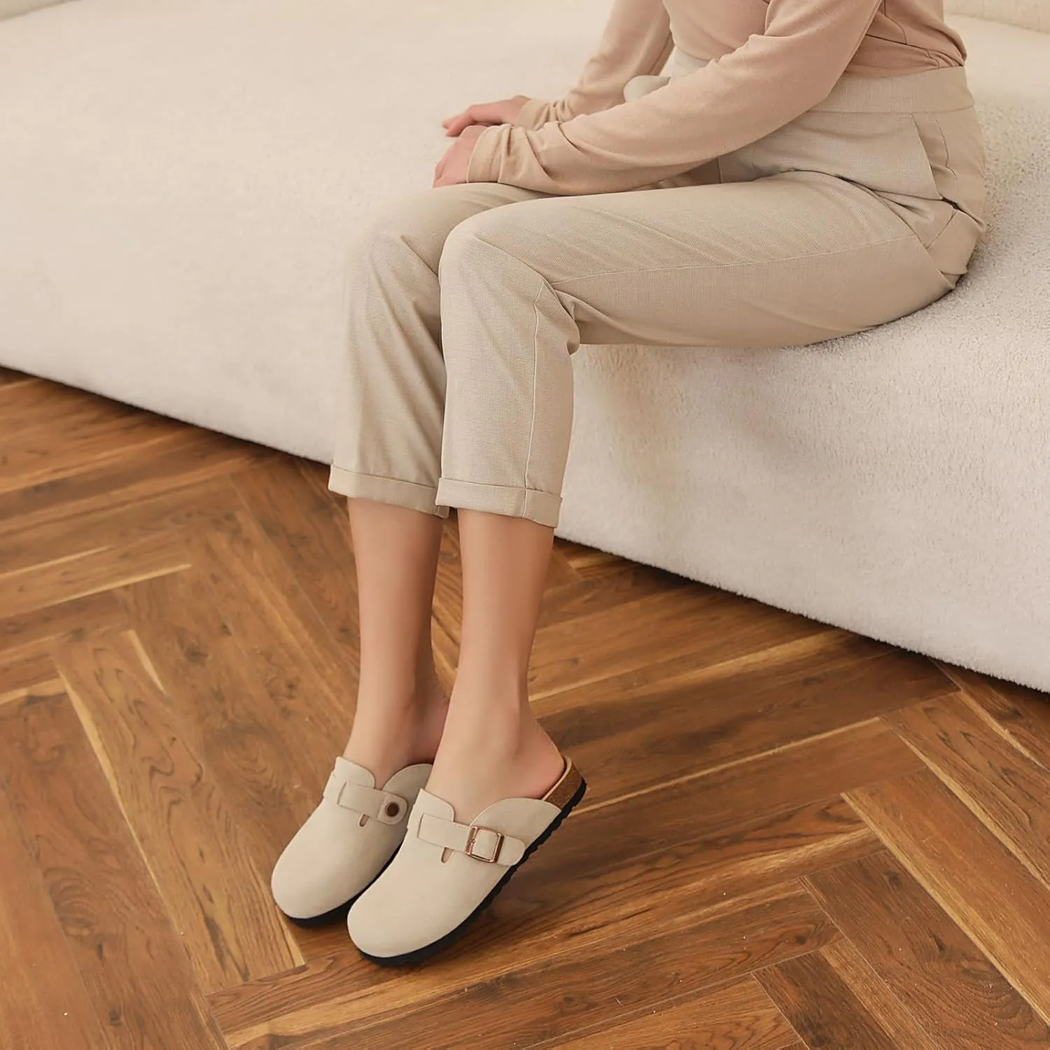 Women's and Men's Cork Suede Clogs and Mules,Soft Leather Sandal,House Slipper,Skin-Friendly Footbed,Adjustable Buckle,Arch Support