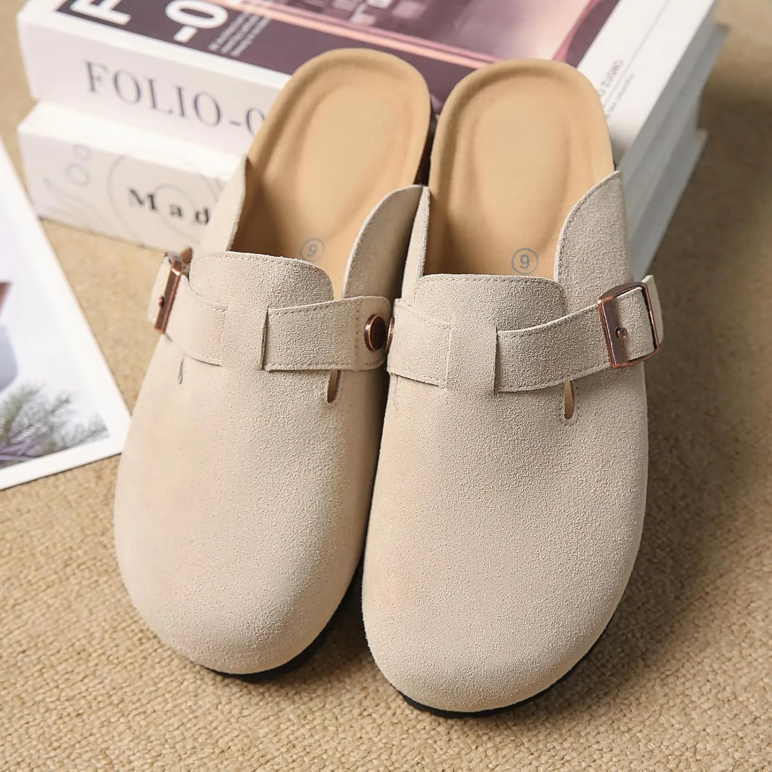 Women's and Men's Cork Suede Clogs and Mules,Soft Leather Sandal,House Slipper,Skin-Friendly Footbed,Adjustable Buckle,Arch Support