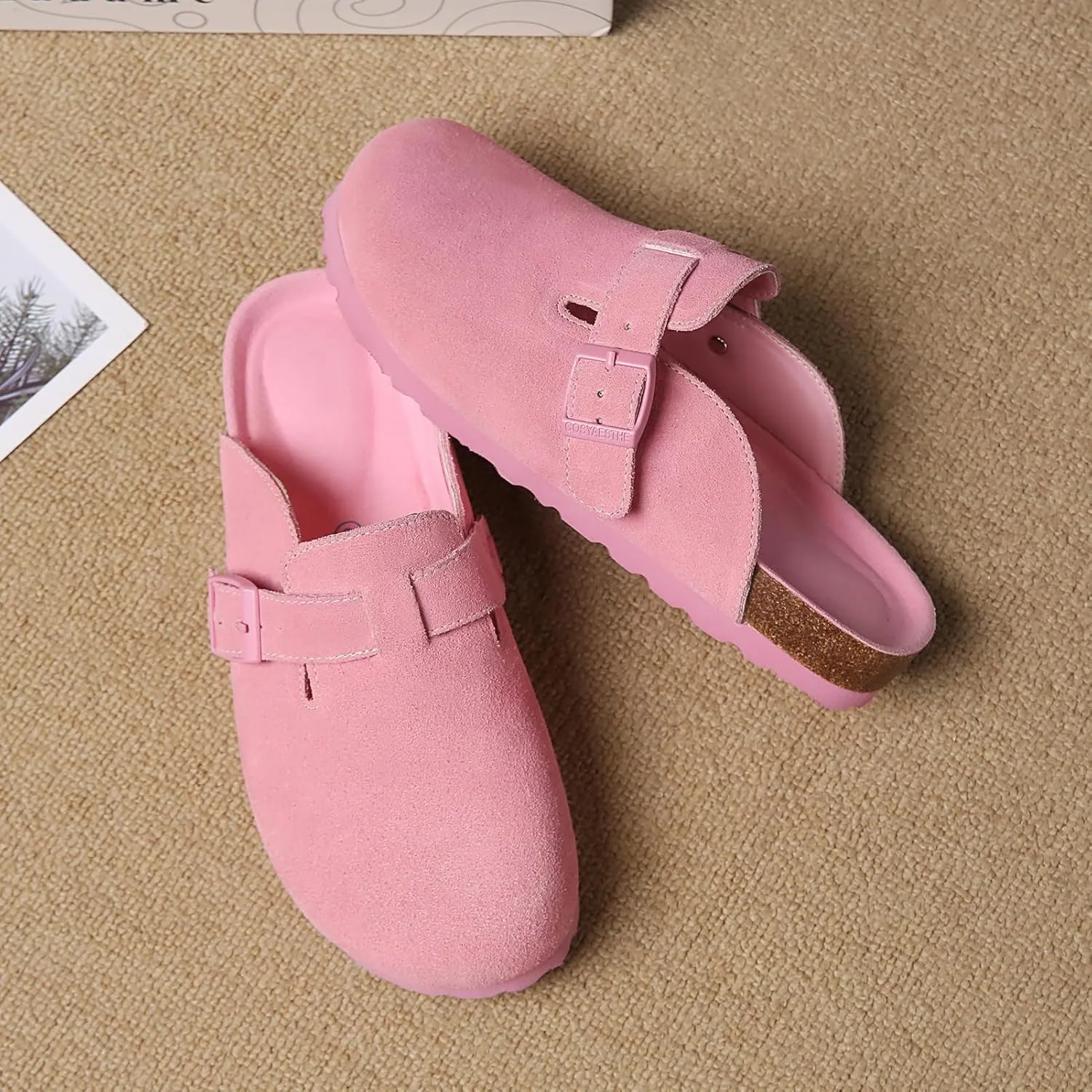Women's and Men's Cork Suede Clogs and Mules,Soft Leather Sandal,House Slipper,Skin-Friendly Footbed,Adjustable Buckle,Arch Support