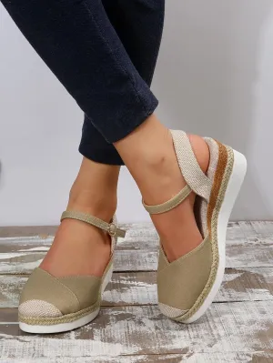Women's Beige Size 8 Casual Mesh Open Toe Ankle Strap Wedge Heel Sandals