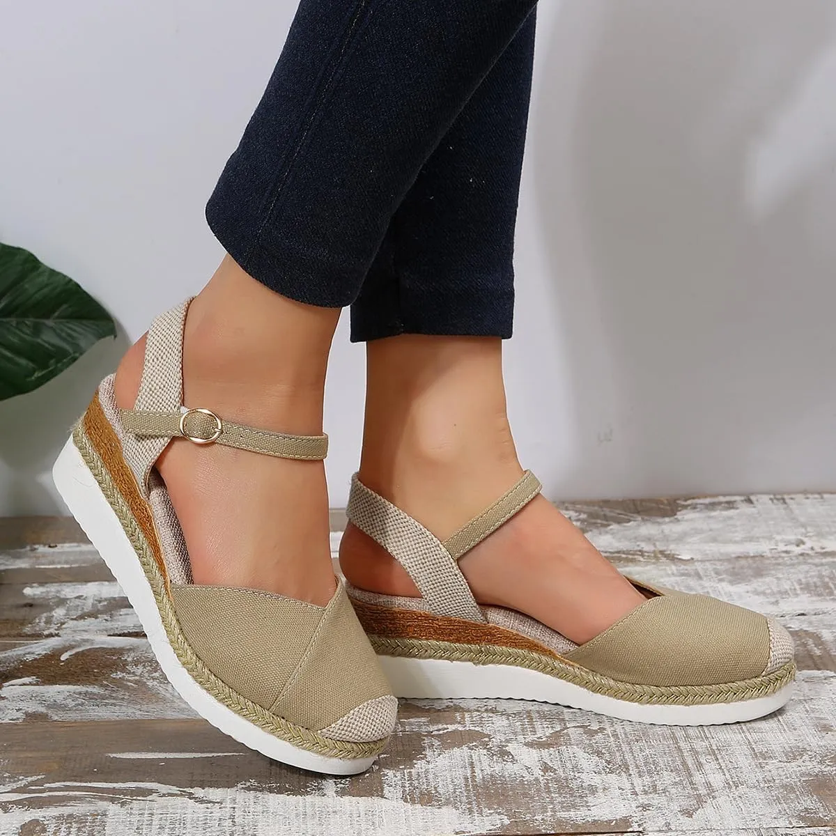 Women's Beige Size 8 Casual Mesh Open Toe Ankle Strap Wedge Heel Sandals