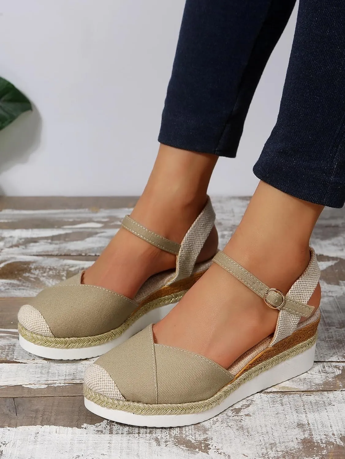 Women's Beige Size 8 Casual Mesh Open Toe Ankle Strap Wedge Heel Sandals