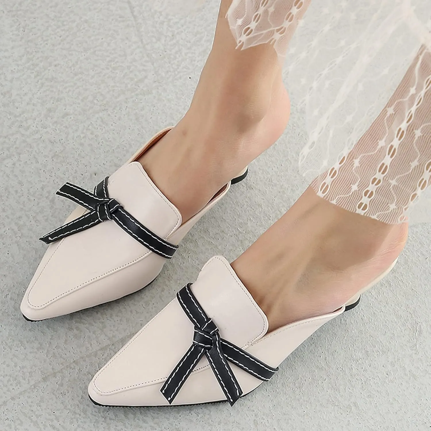 Women's Bow Tie Pointed Toe Heeled Mules Backless Slides Sandals Kitten Heels Slip On Office Shoes