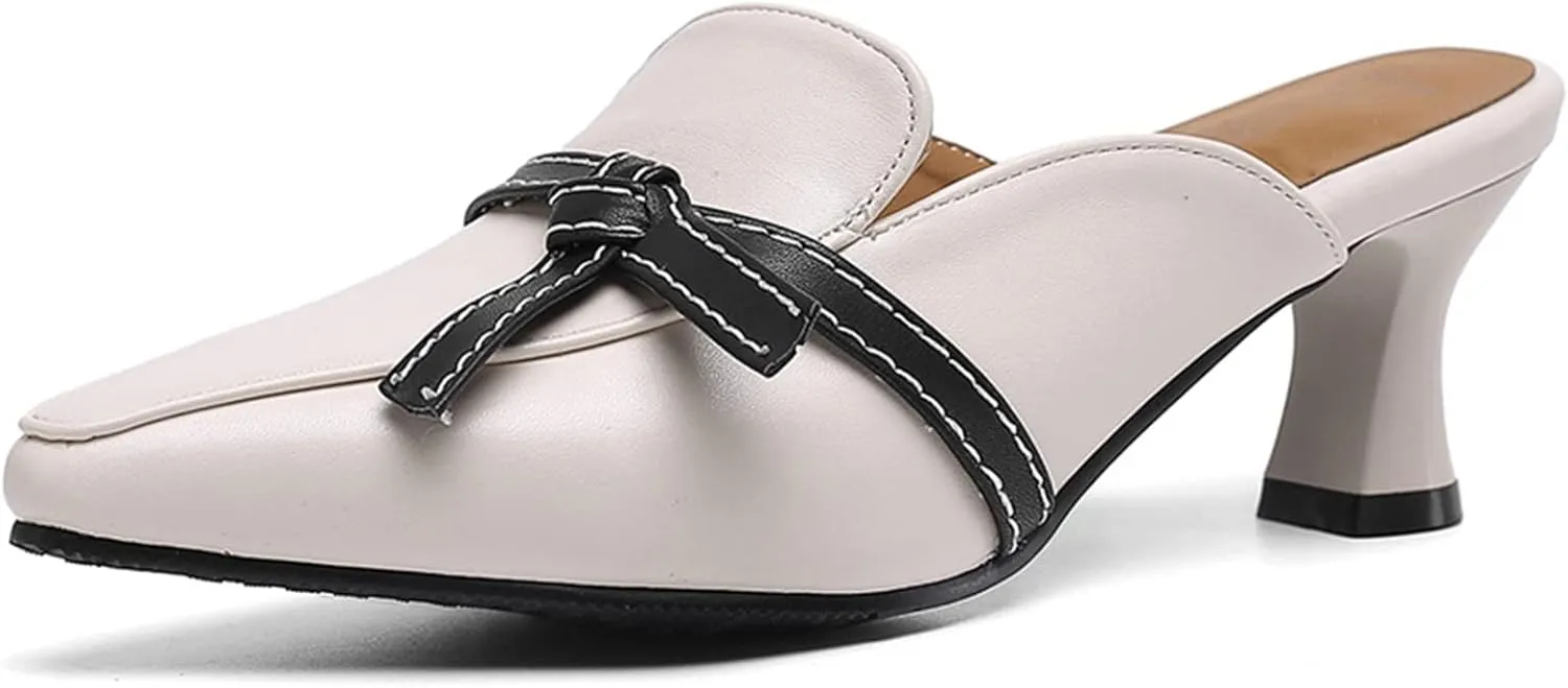 Women's Bow Tie Pointed Toe Heeled Mules Backless Slides Sandals Kitten Heels Slip On Office Shoes