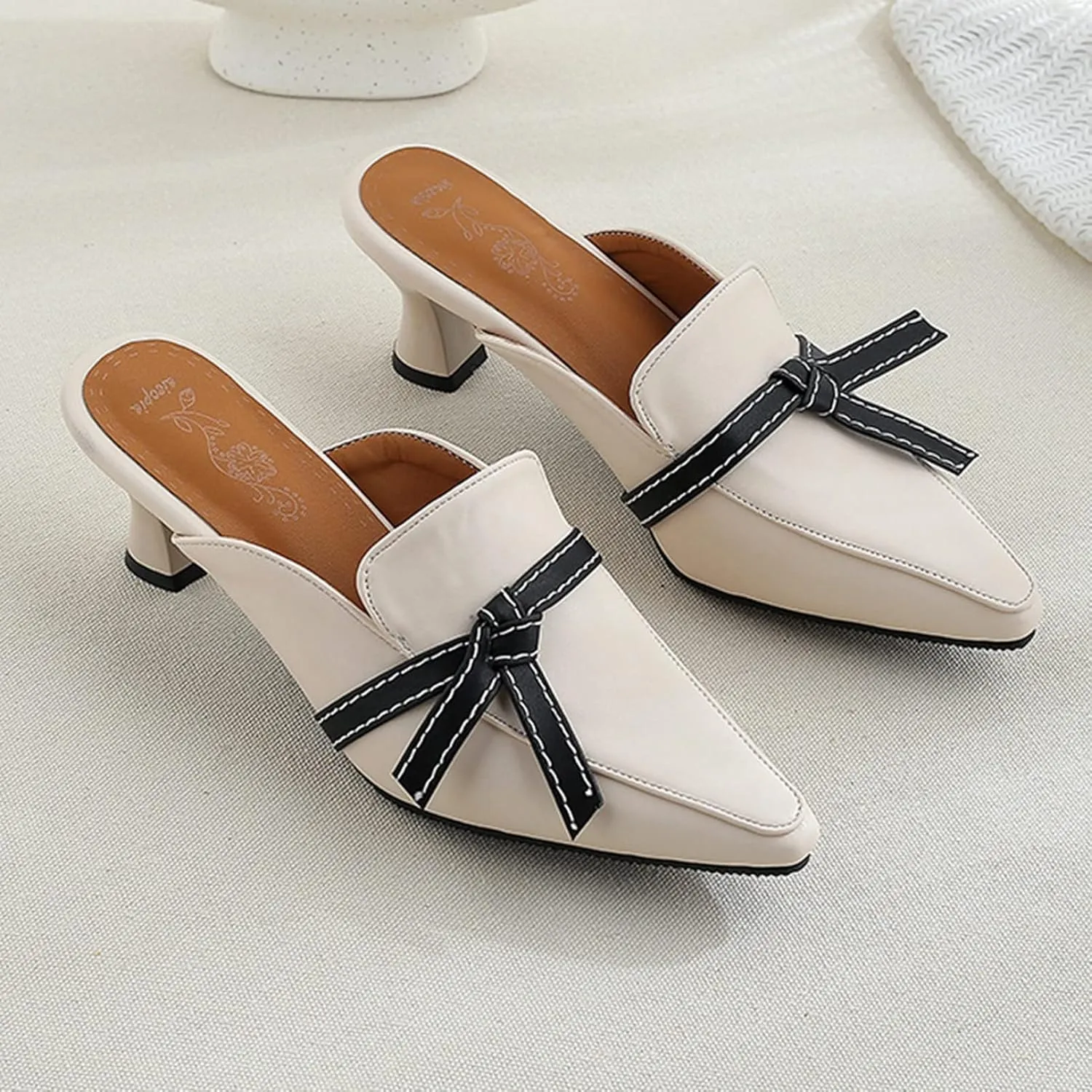Women's Bow Tie Pointed Toe Heeled Mules Backless Slides Sandals Kitten Heels Slip On Office Shoes