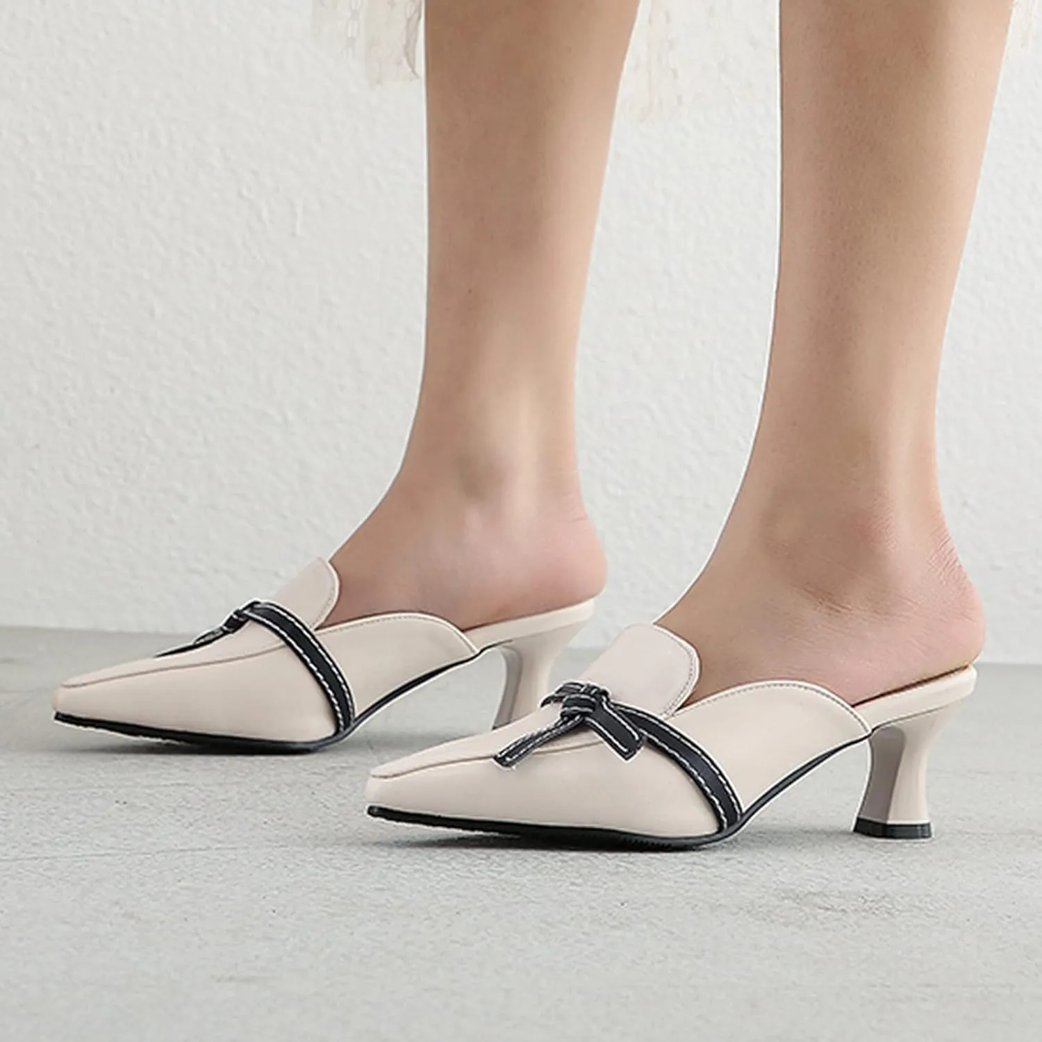 Women's Bow Tie Pointed Toe Heeled Mules Backless Slides Sandals Kitten Heels Slip On Office Shoes