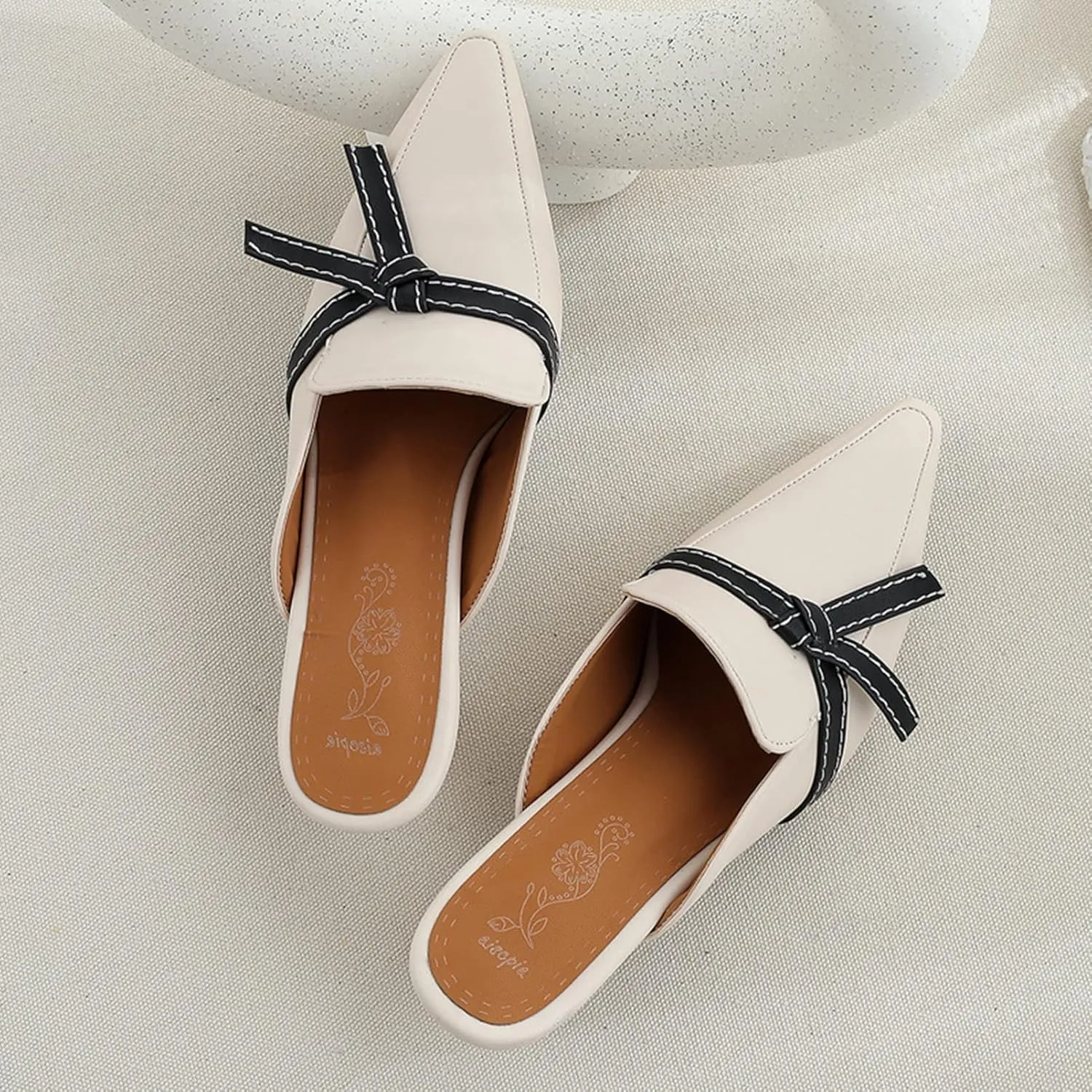Women's Bow Tie Pointed Toe Heeled Mules Backless Slides Sandals Kitten Heels Slip On Office Shoes