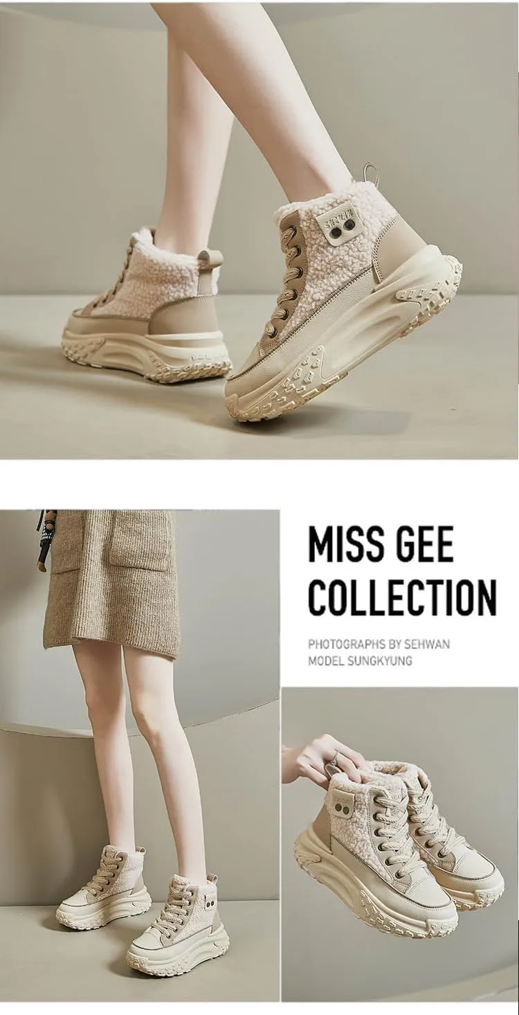 Women's Casual High Top Shoes, Winter Plush Lined Warm Shoes, Thick Soled Lace-up Sports Shoes