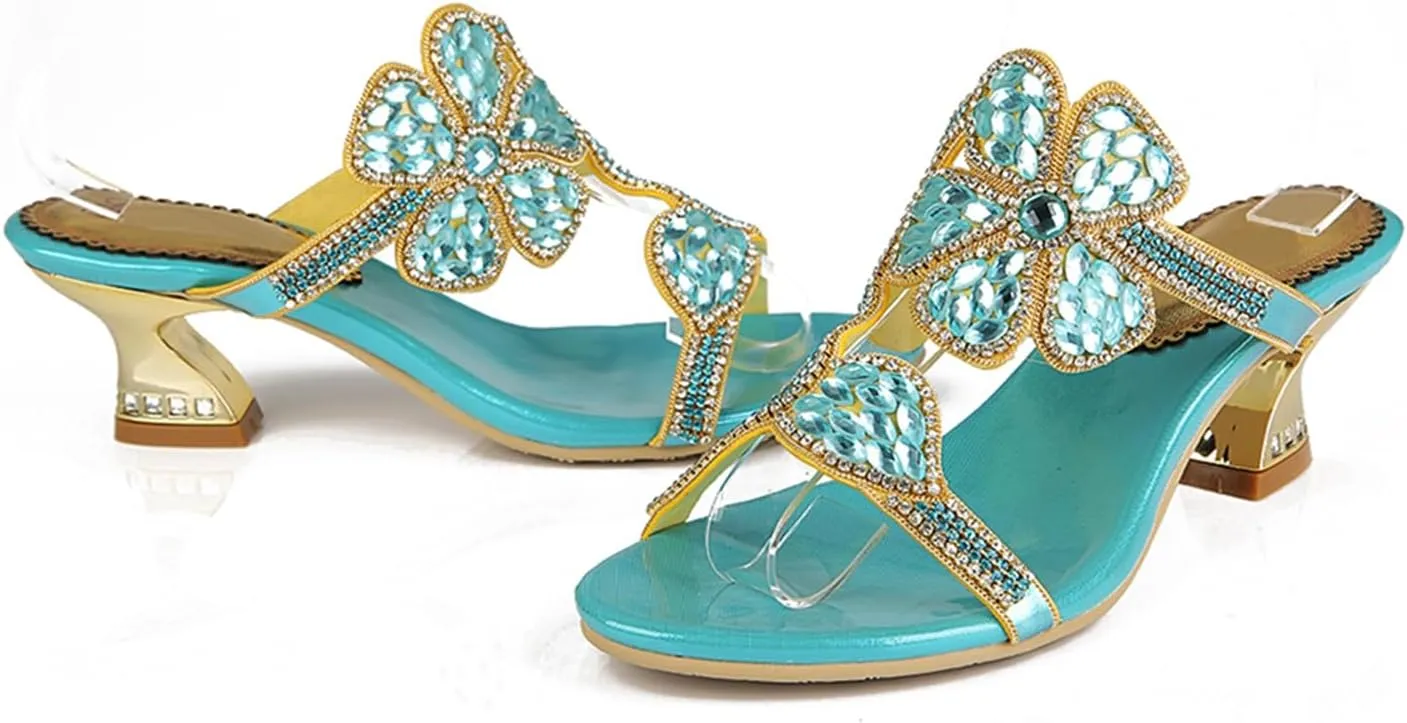 Women's Chunky Heel Glitter Rhinestone Sandals Jeweled Sandals Summer Stylish Sandals Womens Mules Sandals