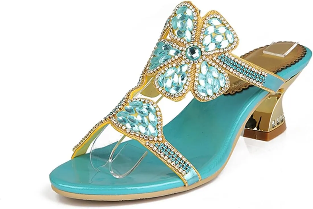 Women's Chunky Heel Glitter Rhinestone Sandals Jeweled Sandals Summer Stylish Sandals Womens Mules Sandals