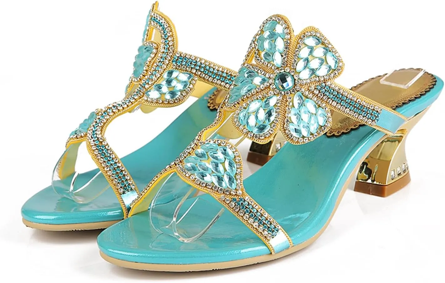 Women's Chunky Heel Glitter Rhinestone Sandals Jeweled Sandals Summer Stylish Sandals Womens Mules Sandals