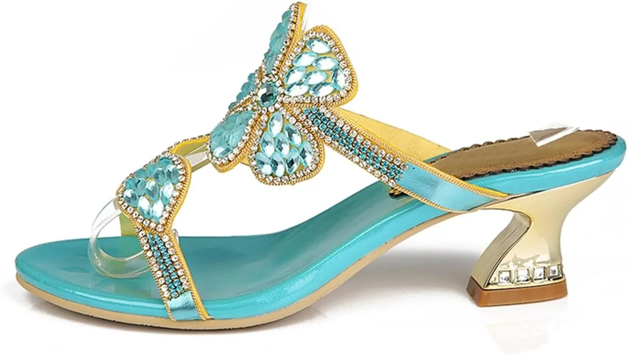 Women's Chunky Heel Glitter Rhinestone Sandals Jeweled Sandals Summer Stylish Sandals Womens Mules Sandals