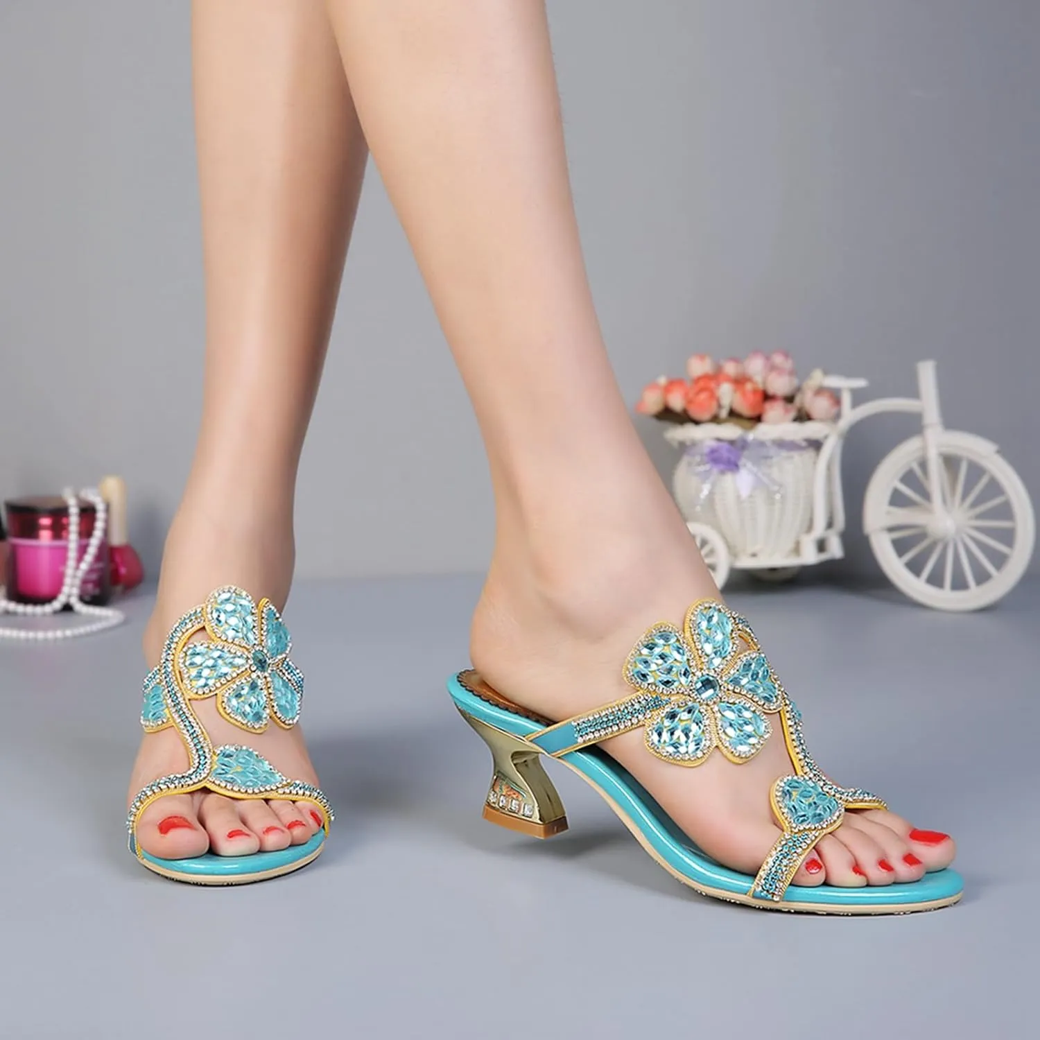 Women's Chunky Heel Glitter Rhinestone Sandals Jeweled Sandals Summer Stylish Sandals Womens Mules Sandals