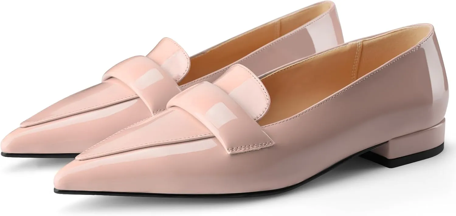 Women's Closed Pointed Toe Penny Loafers Shoes Black Patent Leather Comfortable Slip On Work Business Dressy Classic Flats Shoes