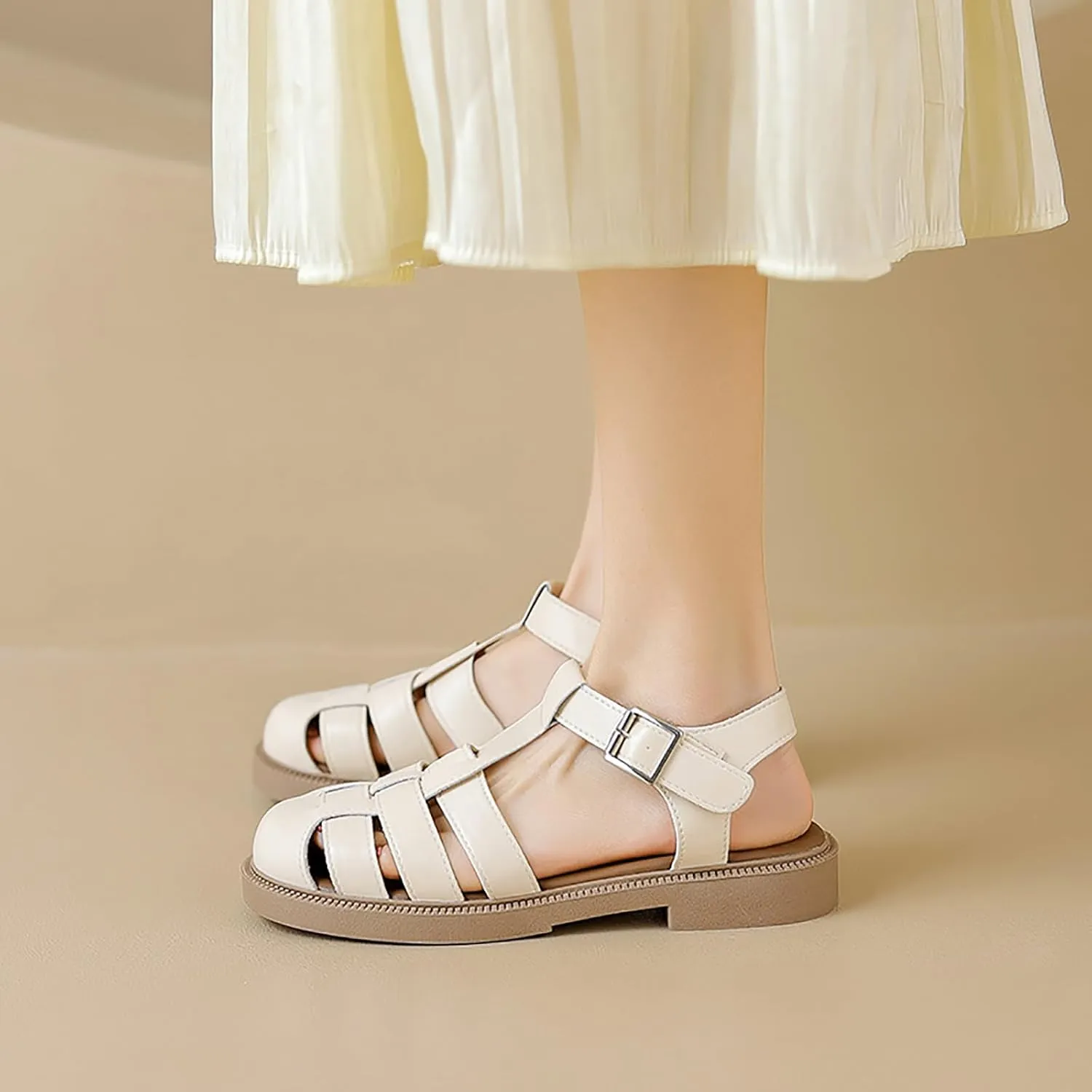 Women's Closed Toe Hollow Woven Fisherman Sandals,Summer Fashion Adjustable Buckle Ankle Strap Flat Rome Sandals Comfortable Y2K Gladiator Chunky Heel Strappy Sandals