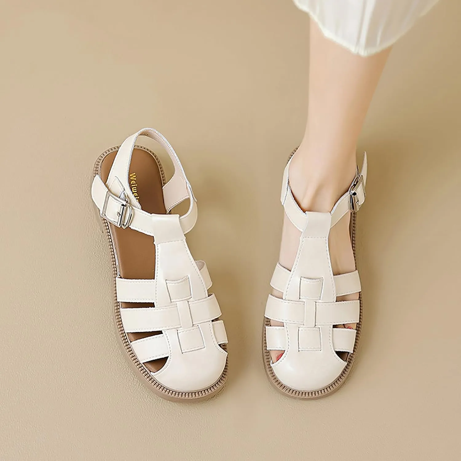 Women's Closed Toe Hollow Woven Fisherman Sandals,Summer Fashion Adjustable Buckle Ankle Strap Flat Rome Sandals Comfortable Y2K Gladiator Chunky Heel Strappy Sandals