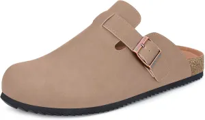 Womens Cork Footbed Clogs Mens PU Leather Mules with Arch Support Adjustable Buckle Comfort Slip On Potato Shoes Unisex Non-Slip Flat Sandals Indoor Outdoor