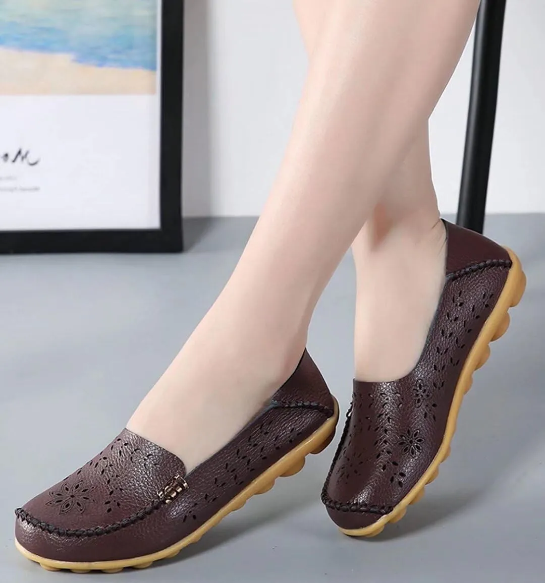 Womens Cowhide Casual Slipper Loafers Moccasin Driving Shoes Flat Slip-Ons