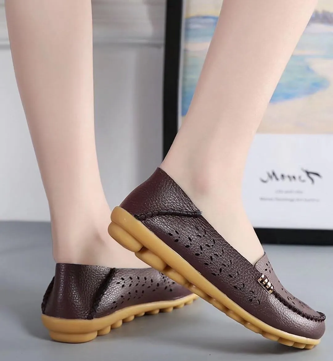 Womens Cowhide Casual Slipper Loafers Moccasin Driving Shoes Flat Slip-Ons