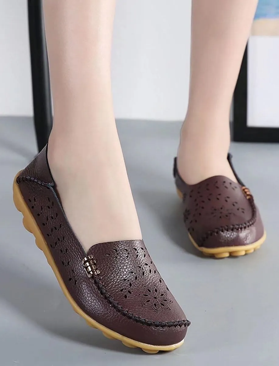 Womens Cowhide Casual Slipper Loafers Moccasin Driving Shoes Flat Slip-Ons