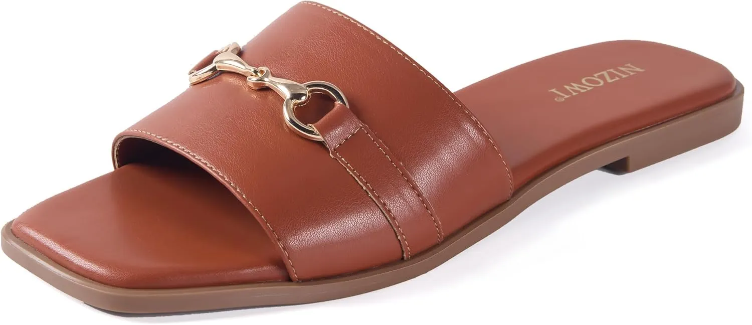 Women's Dressy Flat Sandals for Women Square Open Toe Slip on Comfortable Slide Sandals Summer