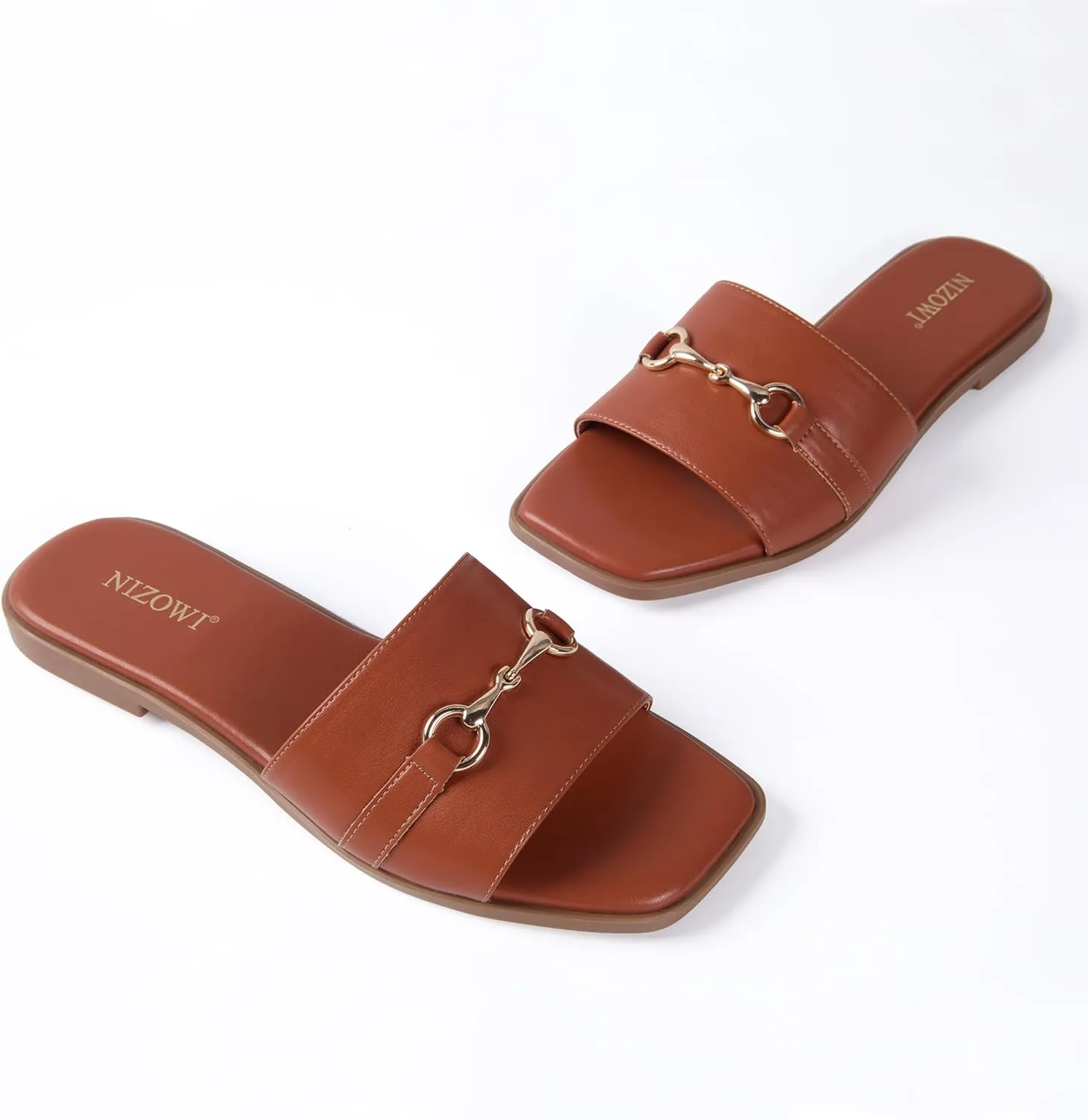 Women's Dressy Flat Sandals for Women Square Open Toe Slip on Comfortable Slide Sandals Summer