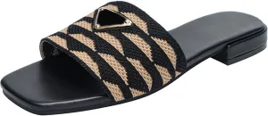 Women's Embroidered Slides Square Open Toe Sandals Casual Beach Flats Sandals