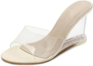 Women's Fashion Clear Wedge Sandals Open Toe Slip On Mules High Heel Transparent Jelly Dress Sandal