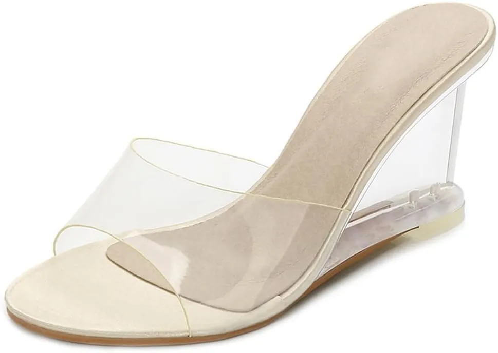 Women's Fashion Clear Wedge Sandals Open Toe Slip On Mules High Heel Transparent Jelly Dress Sandal