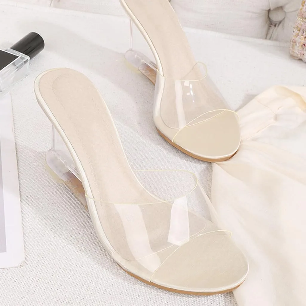 Women's Fashion Clear Wedge Sandals Open Toe Slip On Mules High Heel Transparent Jelly Dress Sandal