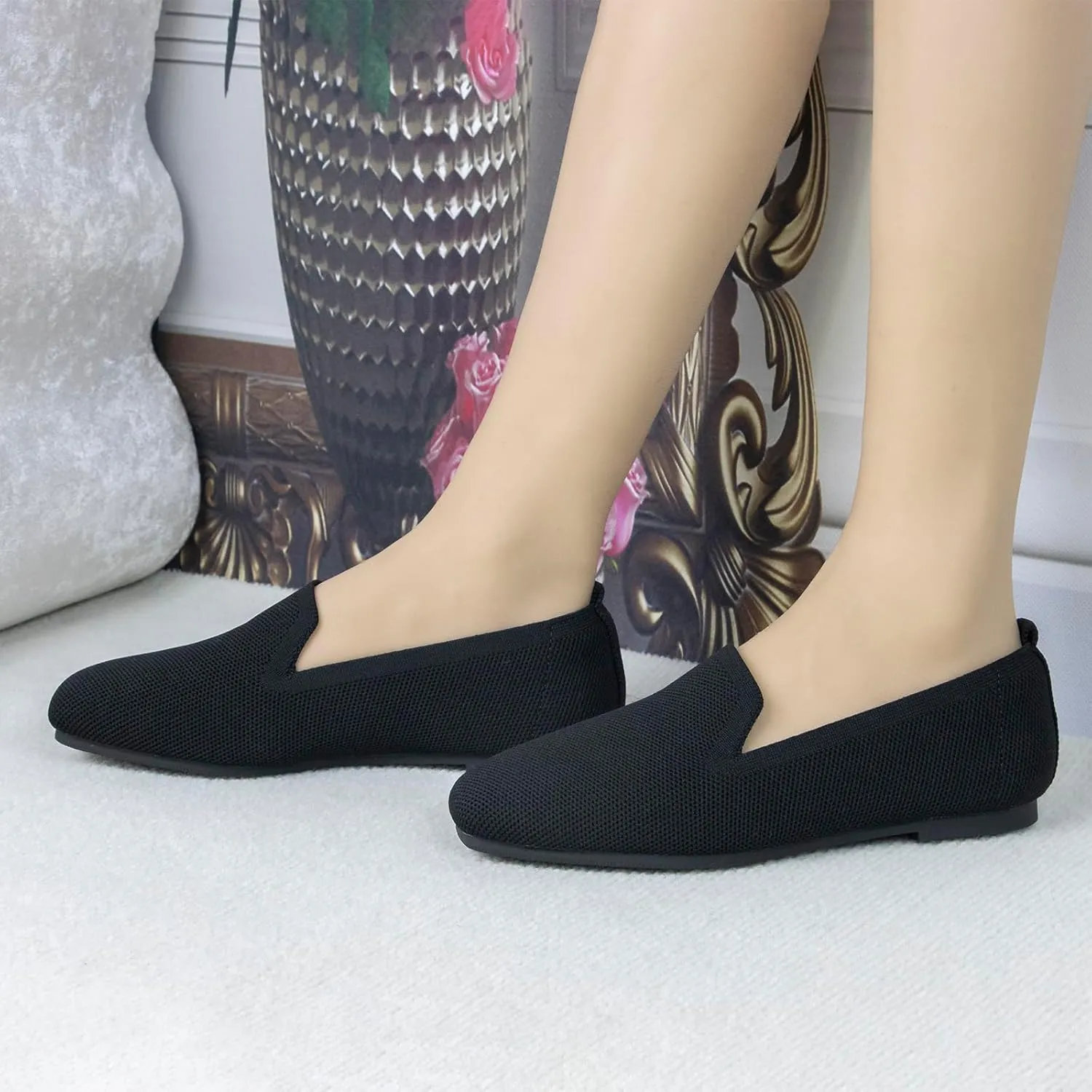 Women's Flat Loafers Square Toe Work Office Flats Shoes Comfortable Knit Slip On Penny Loafers for Women Soft Dress Ballet Flats Driving Walking Knitted Shoes