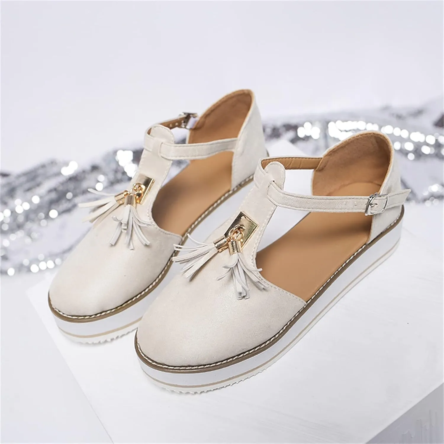 Women's Flatform Sandals,Soft Sole Comfy Flats Platform Tassels Canvas Shoes Closed Toe Sandal Summer Casual Suede Loafers