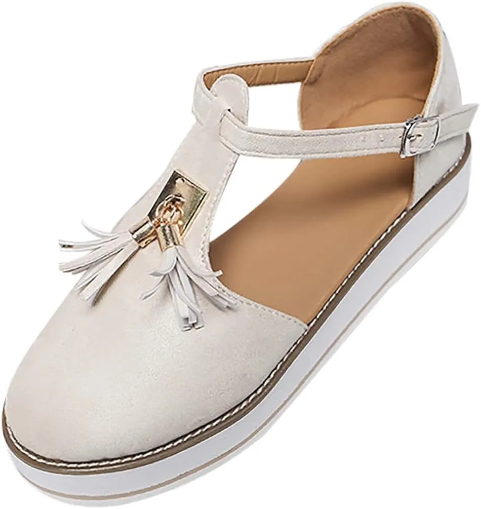 Women's Flatform Sandals,Soft Sole Comfy Flats Platform Tassels Canvas Shoes Closed Toe Sandal Summer Casual Suede Loafers
