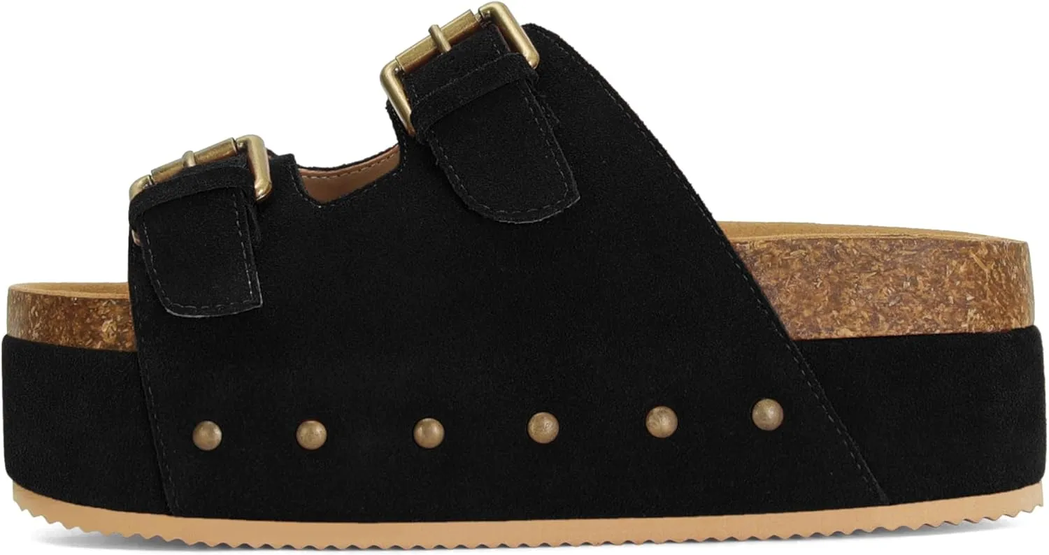 Womens Genuine Leather Cork Platform Sandals Adjustable Buckle Straps Band Suede Clogs Platform Slip on Flatform Sandals