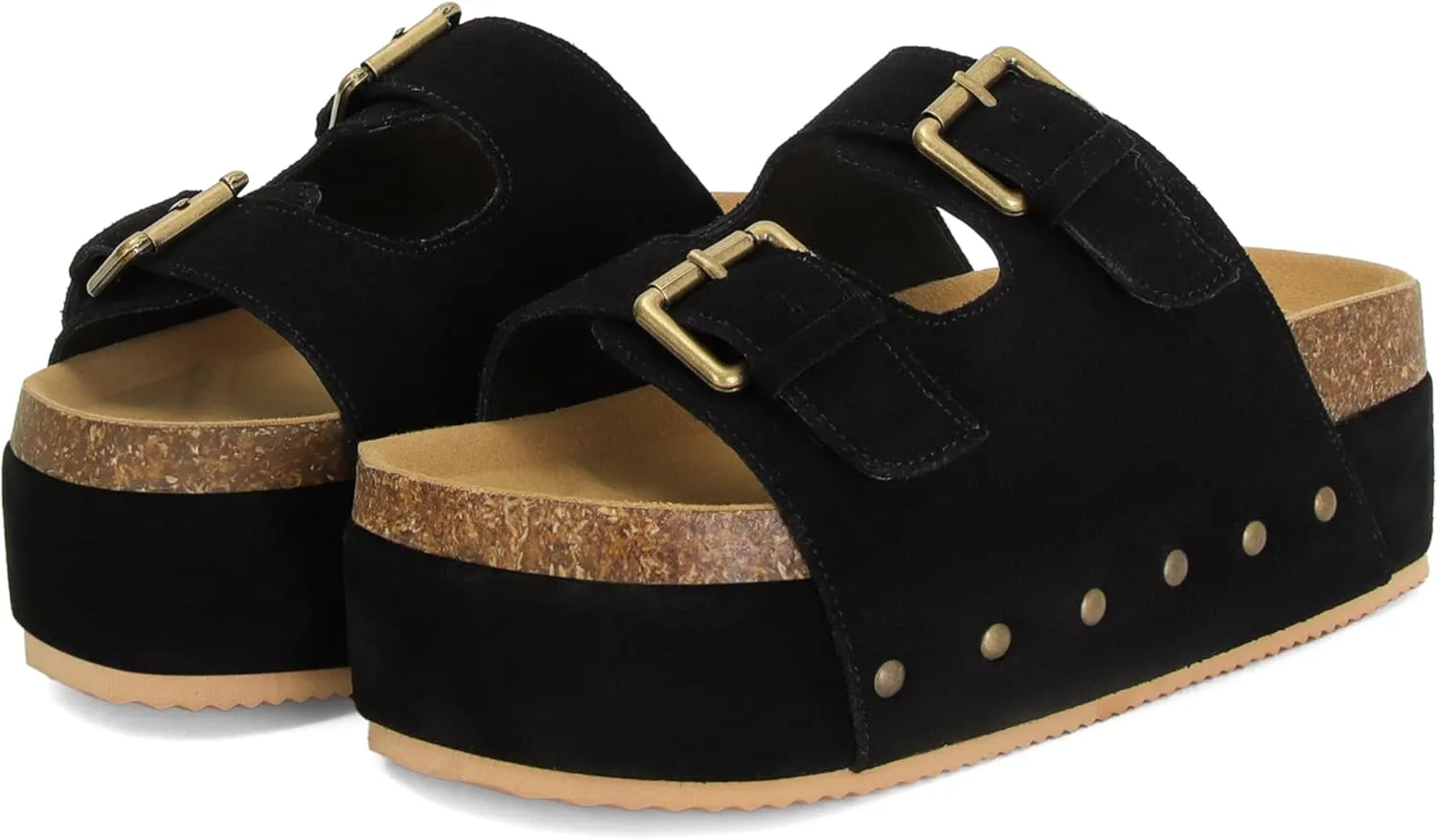 Womens Genuine Leather Cork Platform Sandals Adjustable Buckle Straps Band Suede Clogs Platform Slip on Flatform Sandals