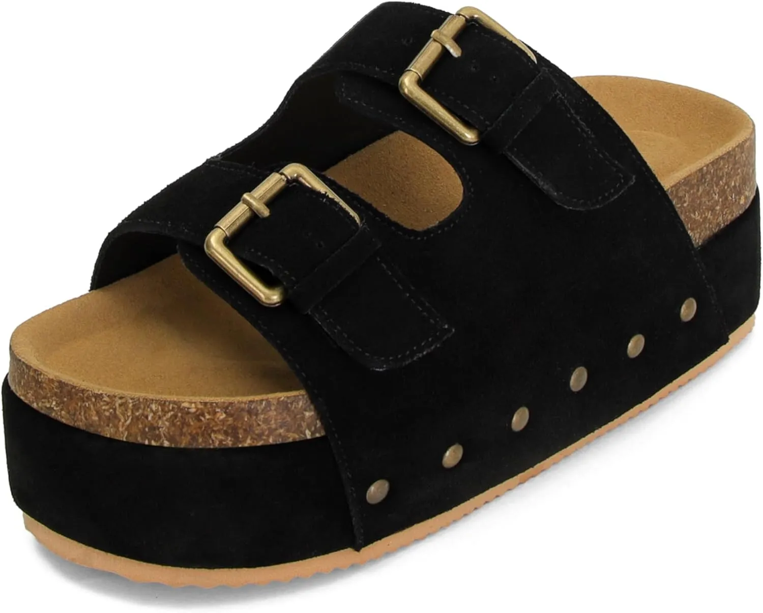 Womens Genuine Leather Cork Platform Sandals Adjustable Buckle Straps Band Suede Clogs Platform Slip on Flatform Sandals