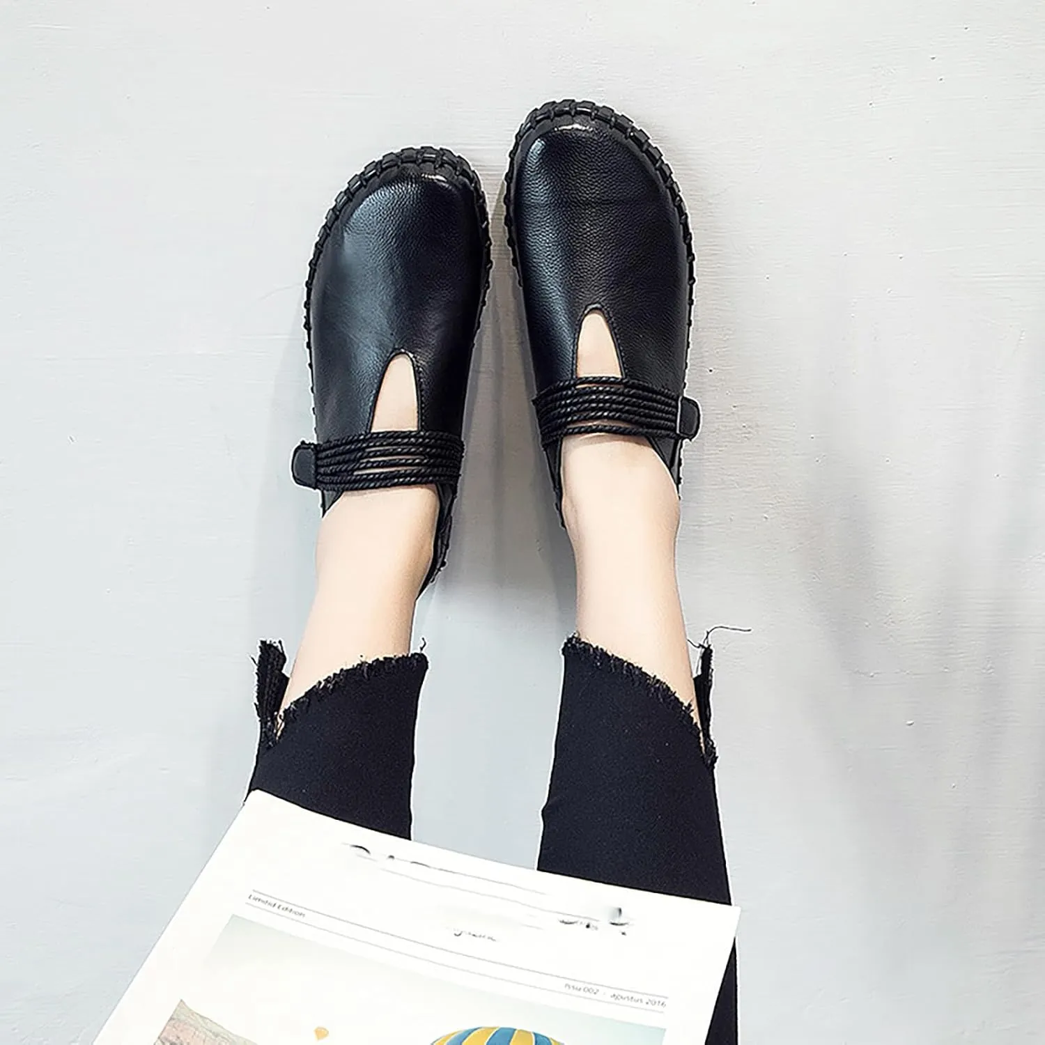 Women's Hand Stitched Slip-on Flat Loafers,Adjustable Hook & Loop Comfortable Soft Sole Mom Walking Shoes Fashion Anti-Slip Breathable Casual Sneakers