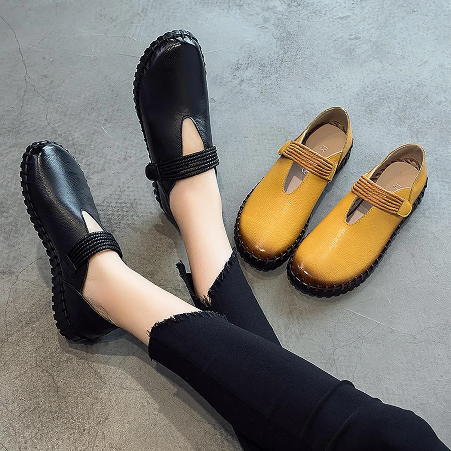 Women's Hand Stitched Slip-on Flat Loafers,Adjustable Hook & Loop Comfortable Soft Sole Mom Walking Shoes Fashion Anti-Slip Breathable Casual Sneakers