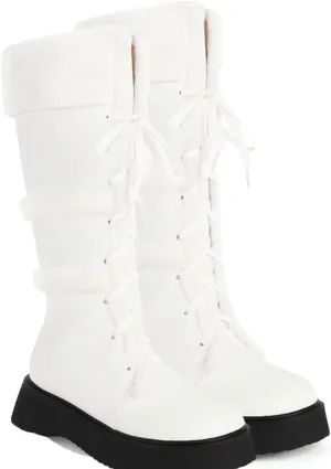Women's High Boots, Plush Snow Boots Round Toe Thick Bottom Low Heel Front Lace Plush Warm Straight Boots Pu Raw Edge Non-Slip Fashionable and Comfortable Boots