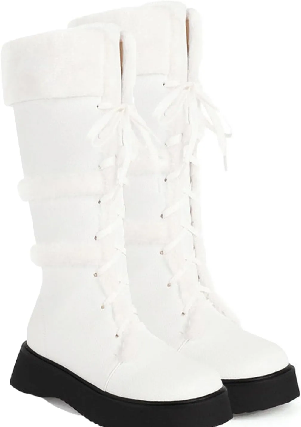 Women's High Boots, Plush Snow Boots Round Toe Thick Bottom Low Heel Front Lace Plush Warm Straight Boots Pu Raw Edge Non-Slip Fashionable and Comfortable Boots