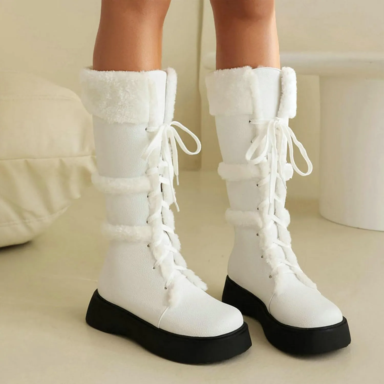 Women's High Boots, Plush Snow Boots Round Toe Thick Bottom Low Heel Front Lace Plush Warm Straight Boots Pu Raw Edge Non-Slip Fashionable and Comfortable Boots